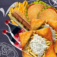 یک عدد چیز میکس برگر ، یک عدد چیز بیف ، یک عدد برگر با فیله مرغ ، یک عدد ژامبو برگر ، یک عدد هات داگ کلاسیک ، یک عدد سیب زمینی ، نوشابه خانواده 2 عدد دورهمی 8 نفره